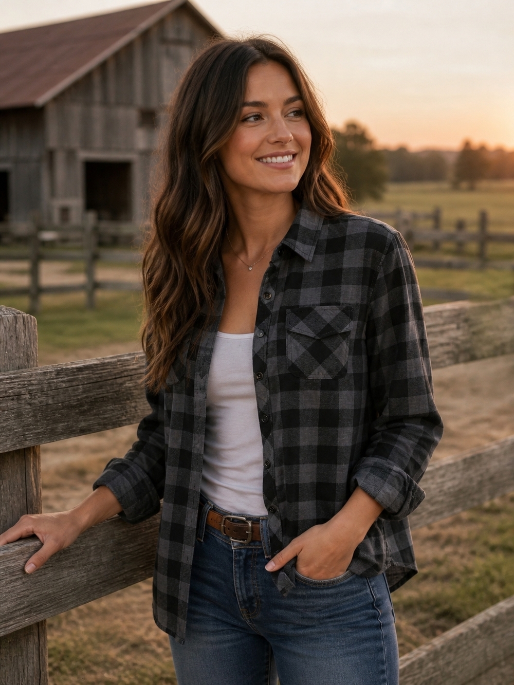 Women's Black & Gray Plaid Button-Down Shirt